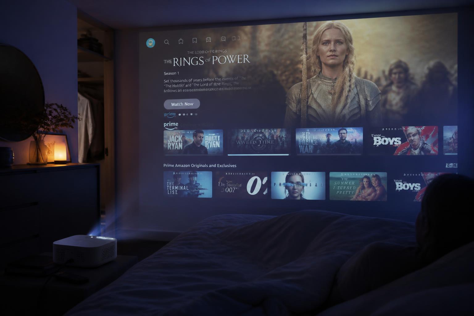 Streaming app projected large on a bedroom wall by the AuraBeam Pro at night