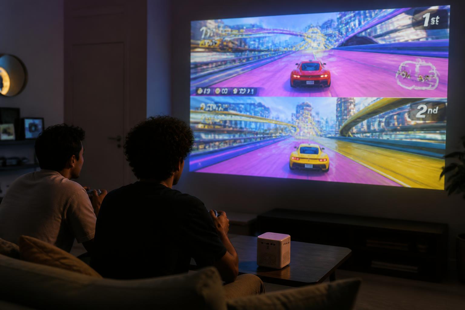 Two friends playing a racing game projected large on a living room wall