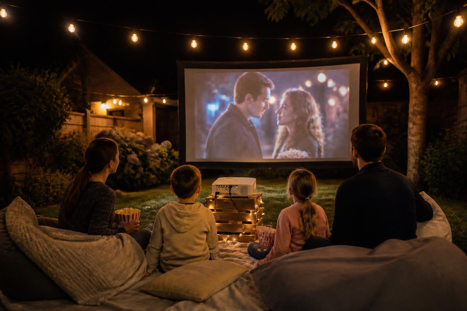 Family watching a film on a big outdoor screen in a British back garden with string lights